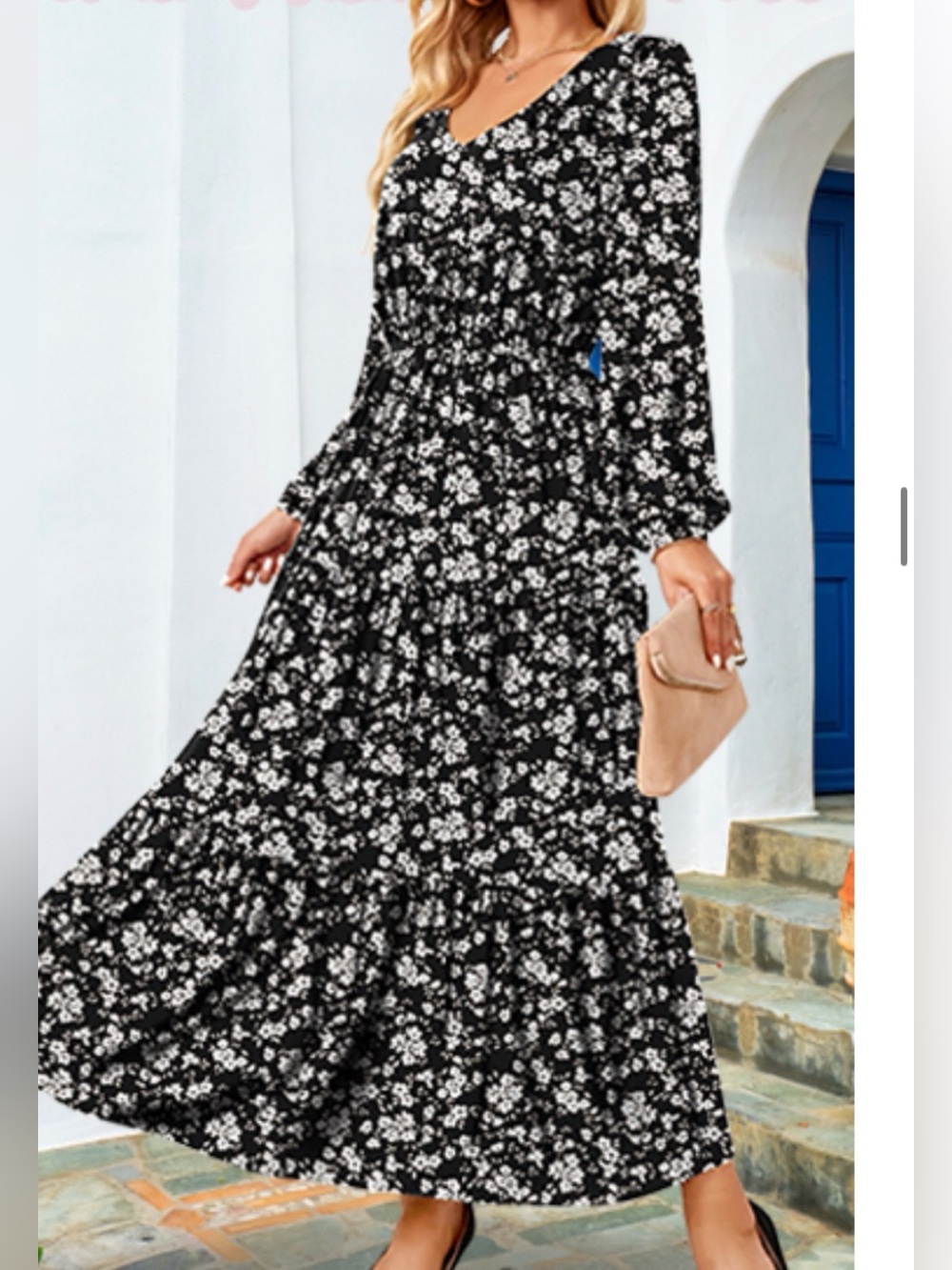 Black Floral V-Neck Long Sleeve Maxi Dress